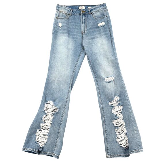 BBJ The Hybrid Flare‎ Medium Denim Distressed High Waist Jeans Womens 11/30 - Picture 1 of 9